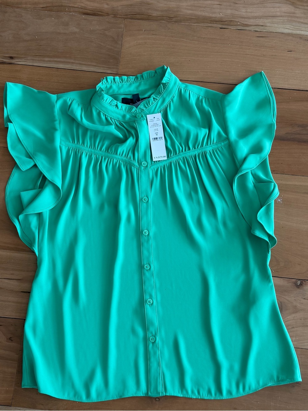 White House Black Market Mint Ruffle Cap-Sleeve Button Front Blouse Green Medium - Picture 5 of 12